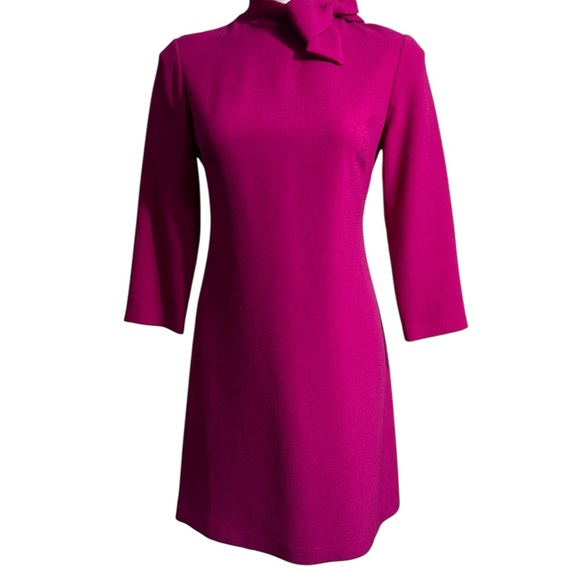 Eliza J dress sz 4 Fuchsia pink Long Sleeve bow tie neckline knee length - Picture 2 of 6